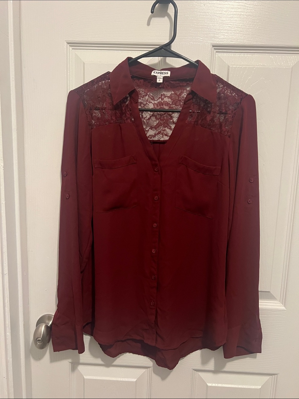 Express Womens Burgundy Lace Yoke Button-Down Shirt